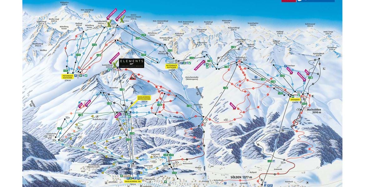Pistekort med oversigt over lifter og pister ved Sölden i Østrig 
