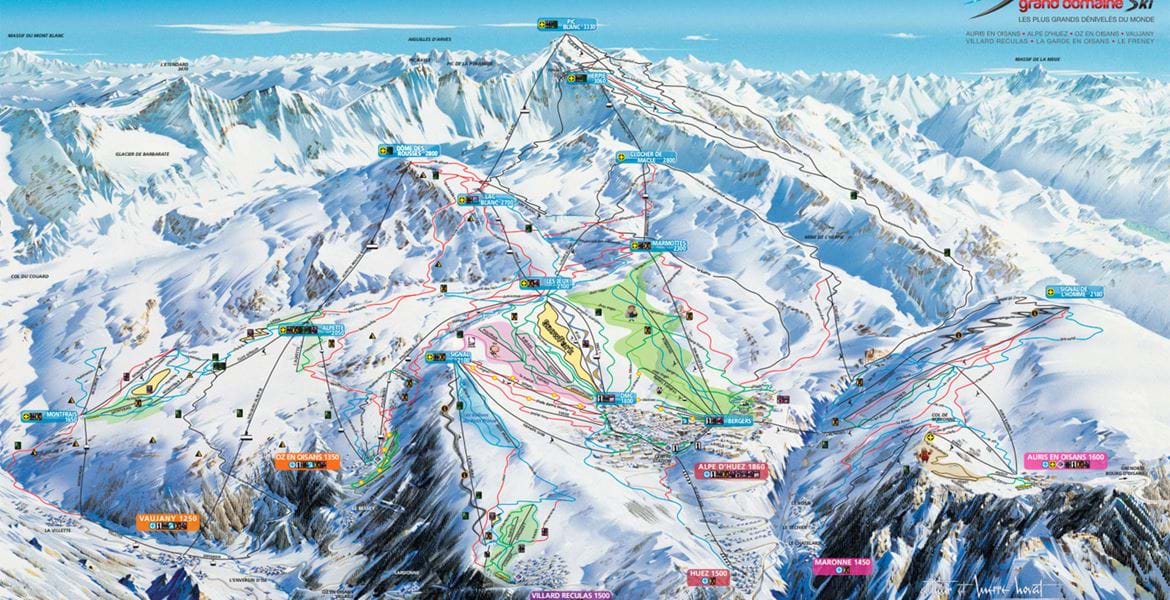 Pistekort med oversigt over lifter og pister ved Alpe d'Huez i Frankrig
